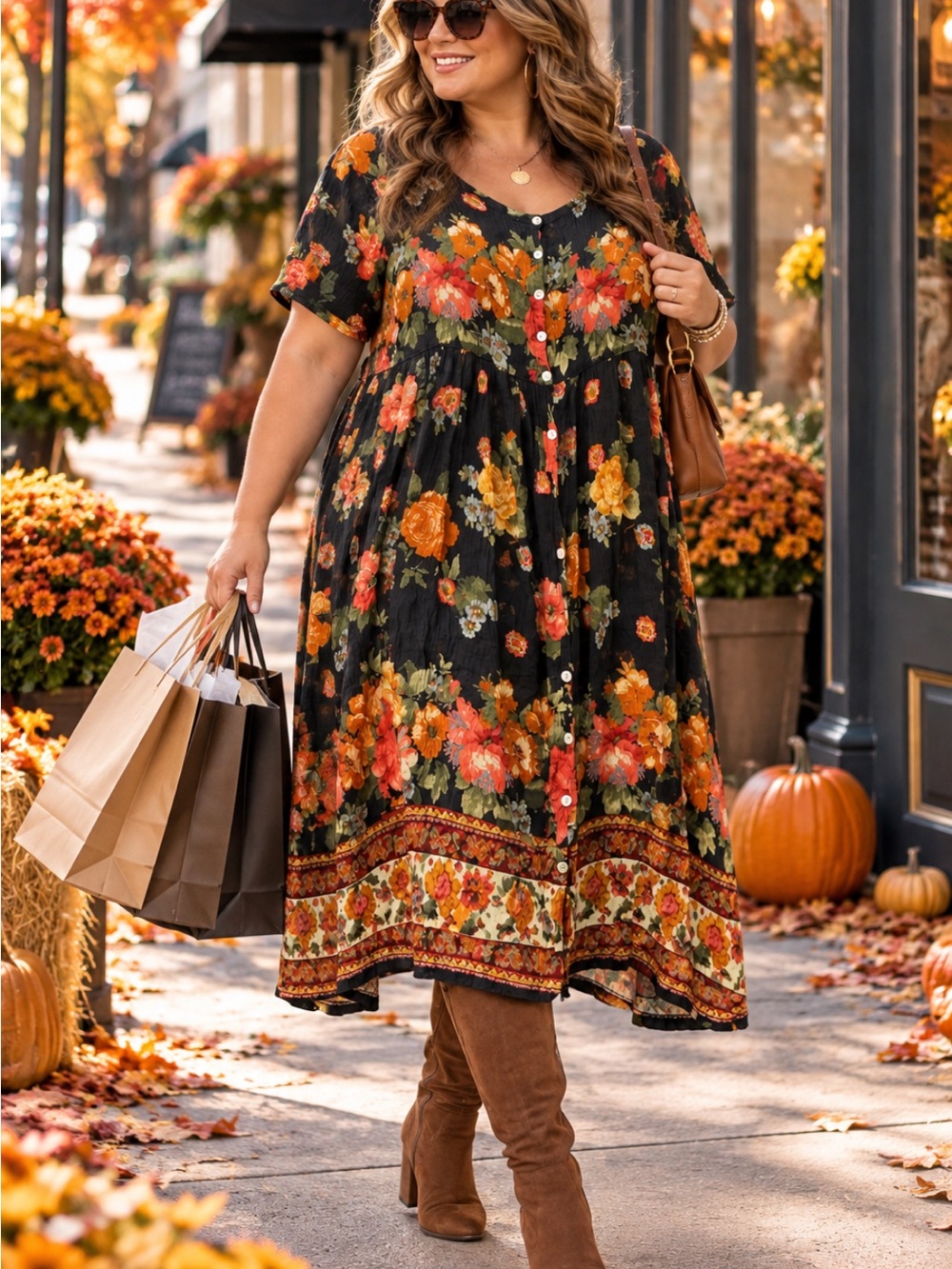 Autumn Floral Button-Front Midi Dress - Black Floral